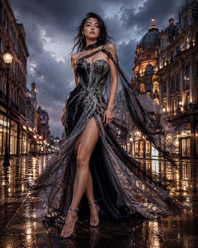 Elegant model in beaded black couture gown stands on glistening wet historic city street under st...