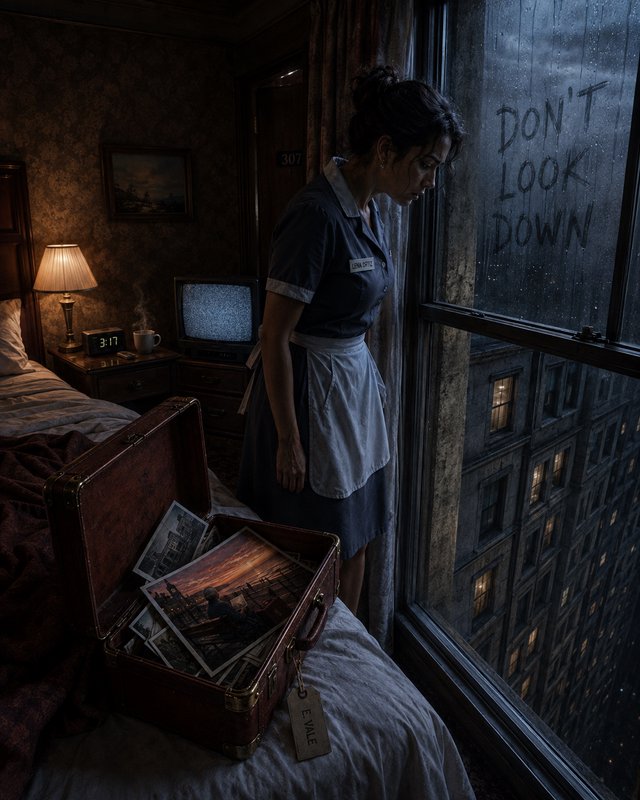 Hotel maid stares out a rain-streaked high-rise hotel window where "Don't Look Down" is scrawled ...