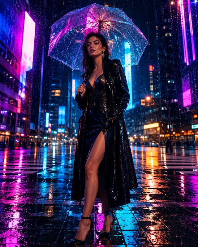 Glamorous woman holding a clear umbrella stands on a rain-soaked neon-lit city crosswalk at night...