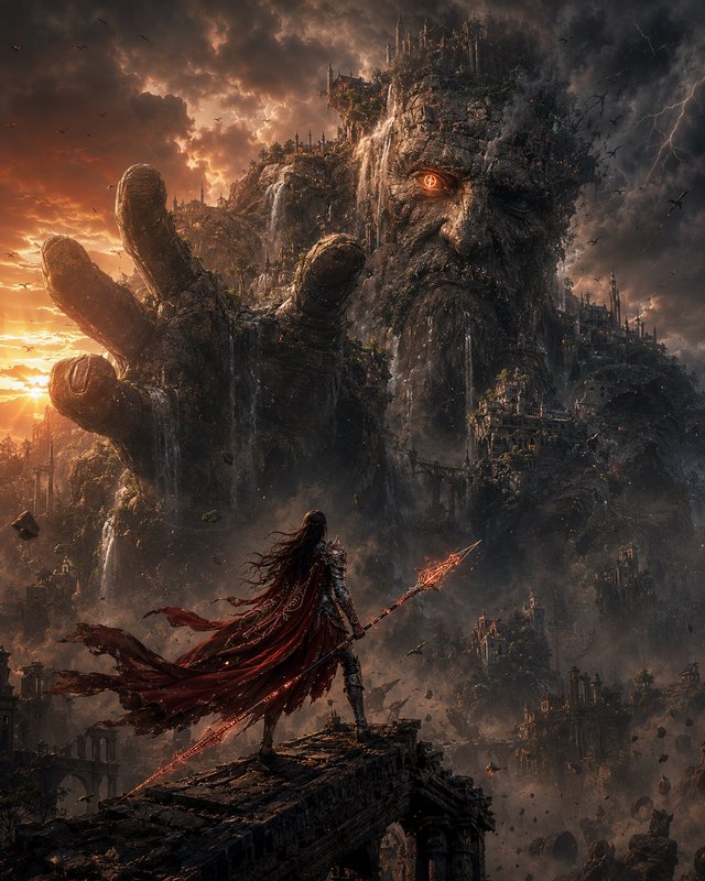 Armored warrior with glowing fiery spear faces a colossal living stone mountain giant under a dra...