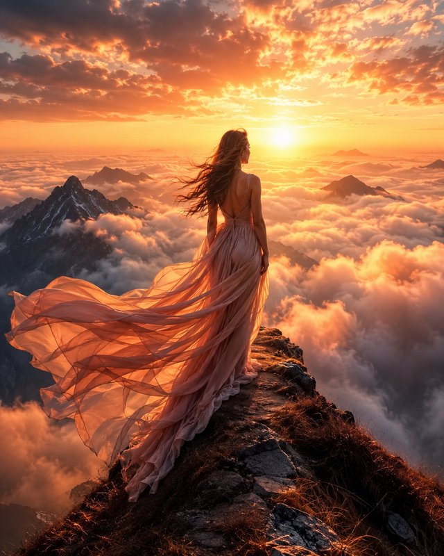 Woman in flowing sheer gown stands on rocky mountain peak above a sea of clouds at vibrant golden...