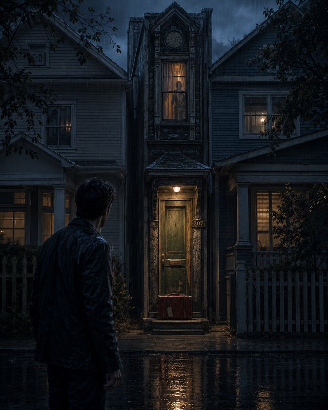 Man in rainy suburban street staring at a narrow haunted house with a ghostly figure in the upper window on a stormy night.