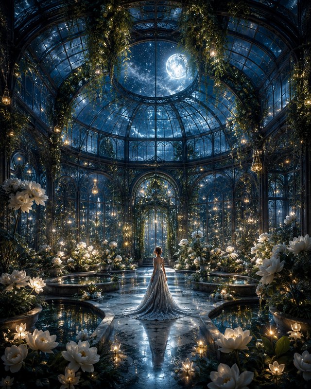 Back view of a woman in a silver gown standing in a glowing moonlit Victorian greenhouse under a ...