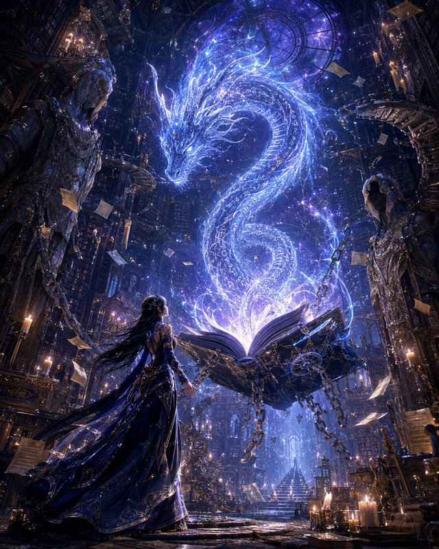 Female sorceress watches a glowing celestial spirit dragon emerge from a floating enchanted grimo...