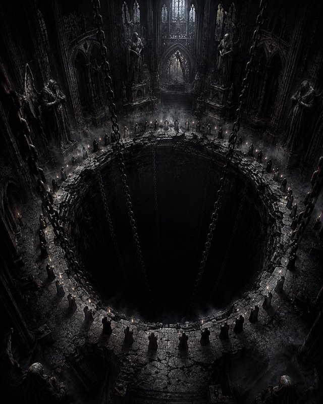 High angle shot of hooded cultists holding candles circling a massive abyss inside a dark gothic ...