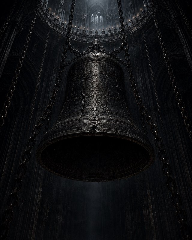 Massive ornate engraved iron bell suspended from thick chains inside a dim, towering gothic cathe...