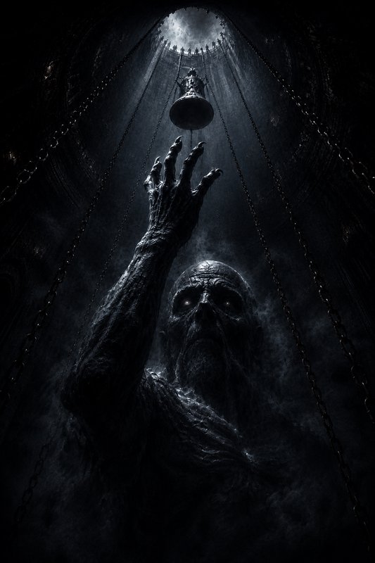 Emaciated lich-like undead creature reaches upward toward a chained hanging bell inside a misty d...