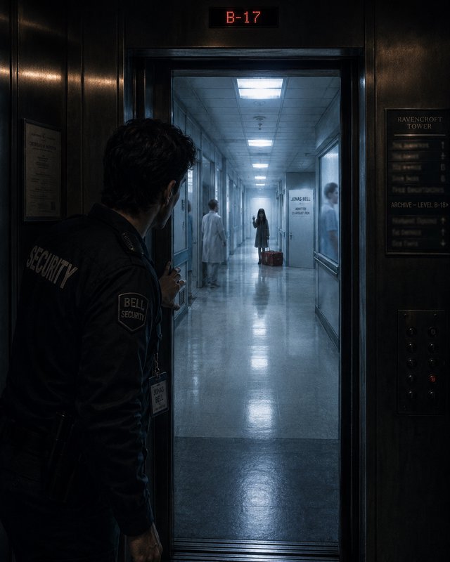 Security guard in open elevator looks down eerie hospital hallway at a distant waving girl with a...