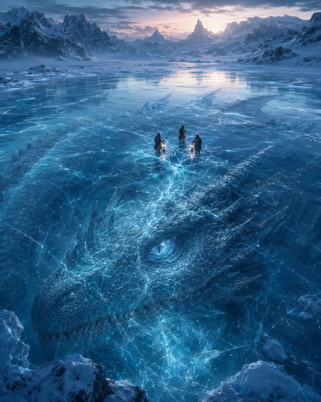 Three lantern-carrying explorers stand on cracked blue ice above a giant frozen dragon, snow moun...