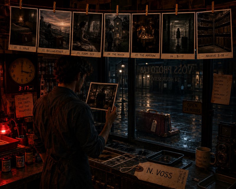 A male photo lab worker examines a developed print inside a dim, warm-lit vintage 24-hour darkroo...