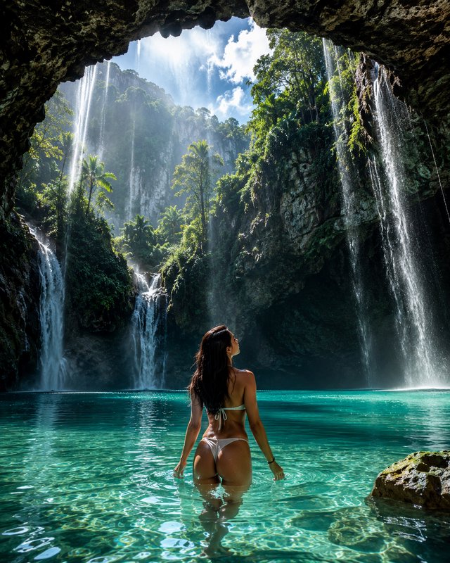 Woman in a white bikini stands in turquoise cave lagoon, looking out at cascading tropical waterf...