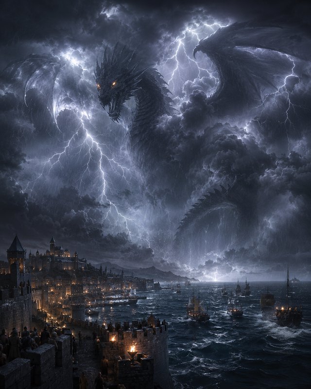 Massive menacing dark dragon looms in lightning storm clouds above a torch-lit medieval coastal f...