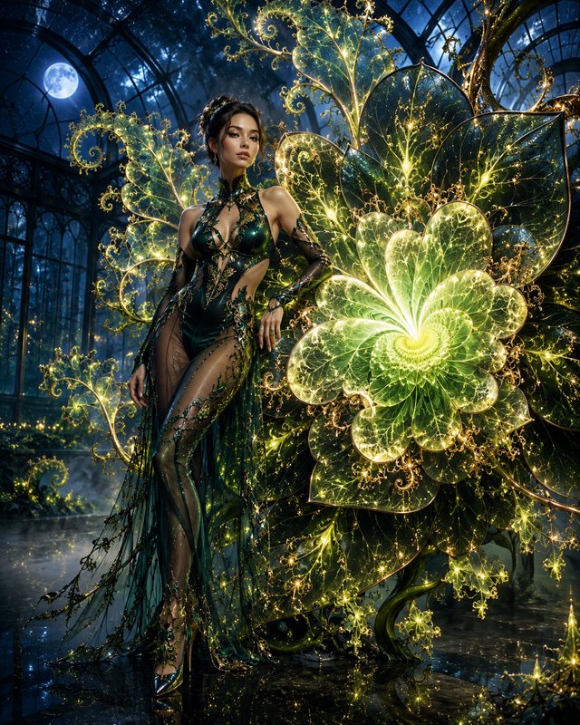 Ethereal fairy queen with glowing gilded leaf wings stands in a moonlit gothic greenhouse at night