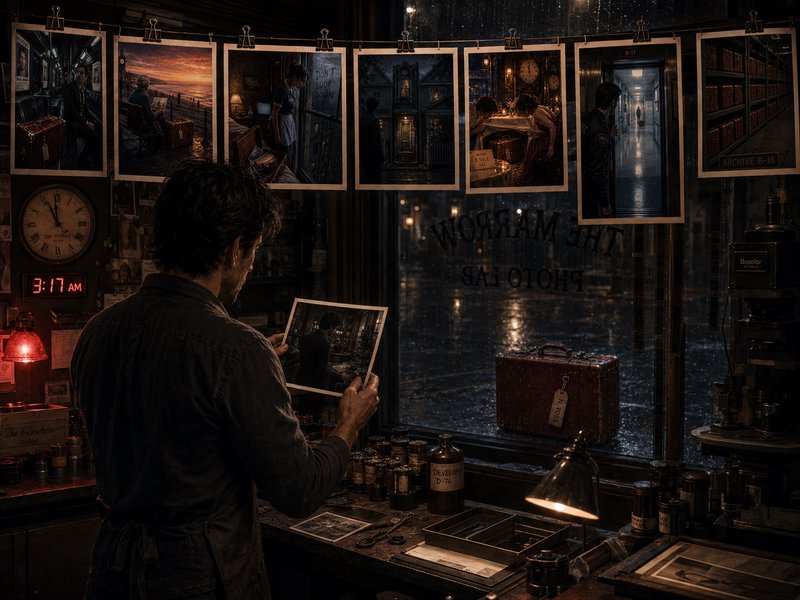 A man reviews a developed print at a cluttered vintage darkroom workbench, beside a rain streaked...