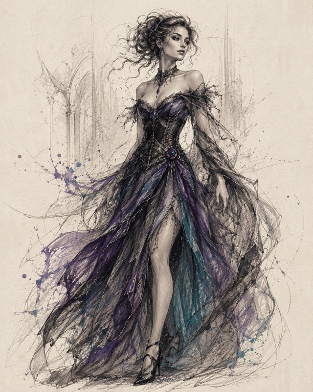 [Pen and ink sketch of elegant fantasy noblewoman in a flowing dark purple gothic ballgown, faint cathedral background]