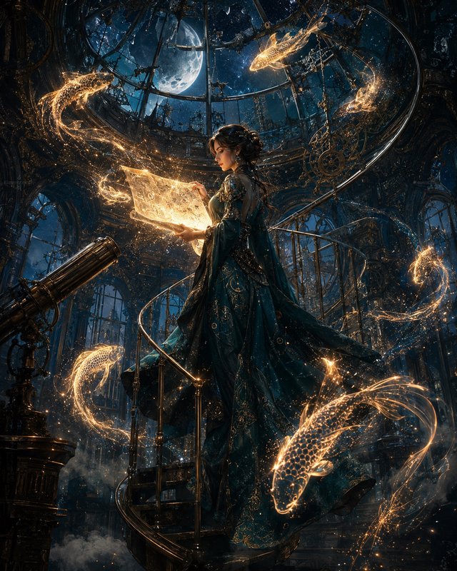 A fantasy sorceress holds a glowing scroll as golden stardust koi spirits swirl around her in a m...