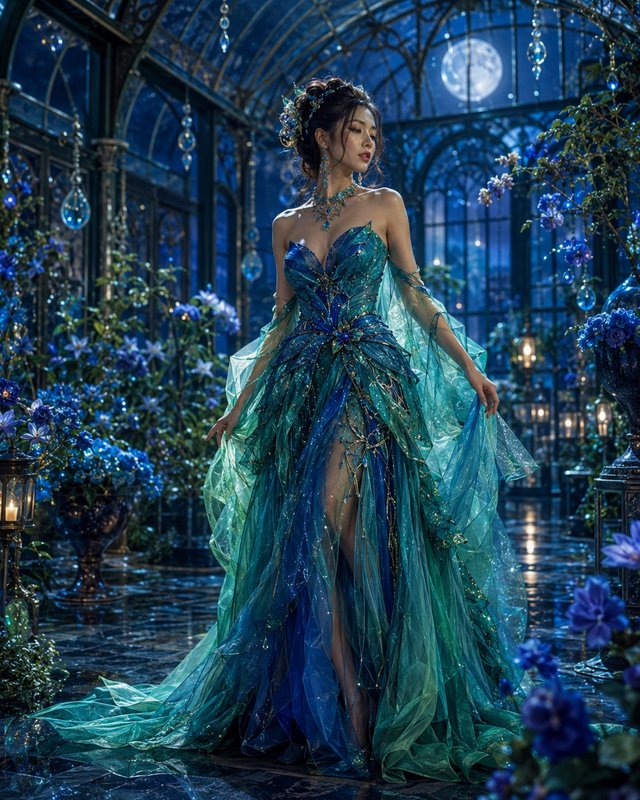 Ethereal fantasy woman in sparkling teal blue gown stands in a moonlit ornate glass conservatory ...