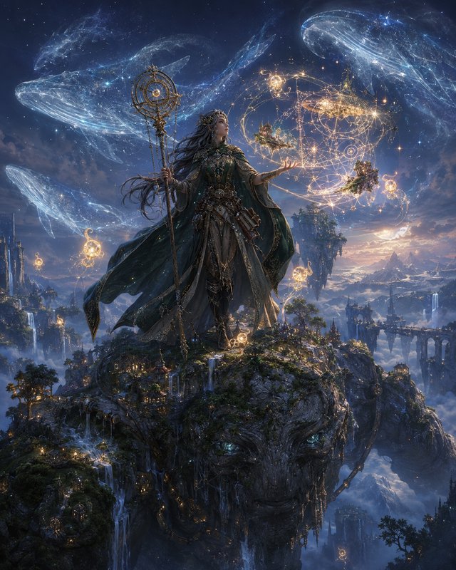 Female elven astromancer holds an ornate staff atop a sentient floating island, as cosmic star wh...
