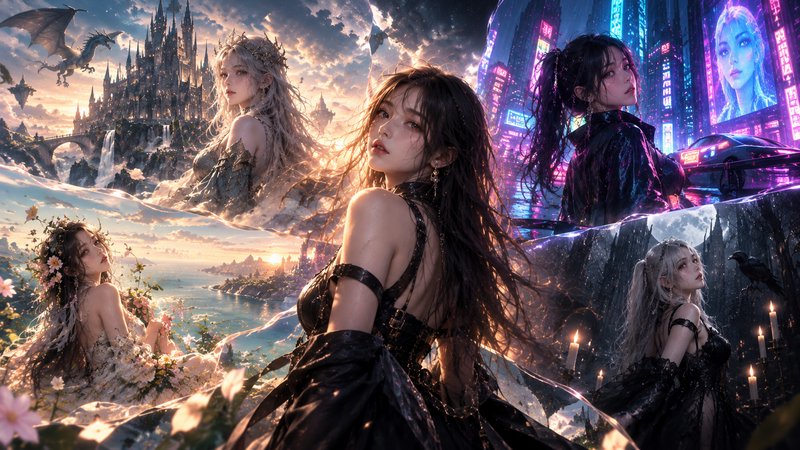 Surreal collage of fantasy female characters across high fantasy, cyberpunk, fairy tale, and goth...