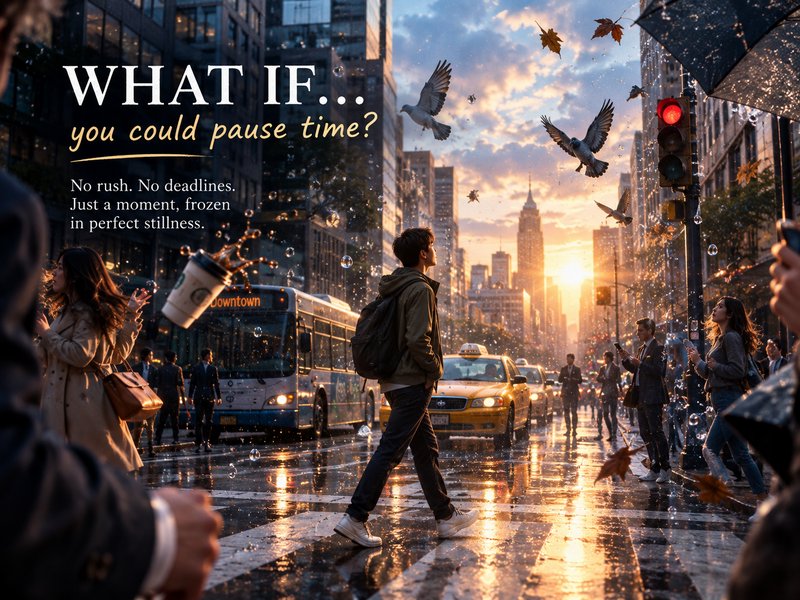 Surreal frozen-time New York City crosswalk scene at golden sunset, overlaid with "what if you co...