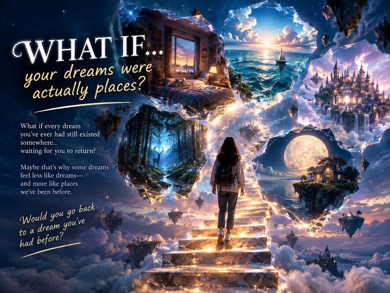 Surreal fantasy art: woman climbs glowing cloud staircase to magical dream portals with "what if ...