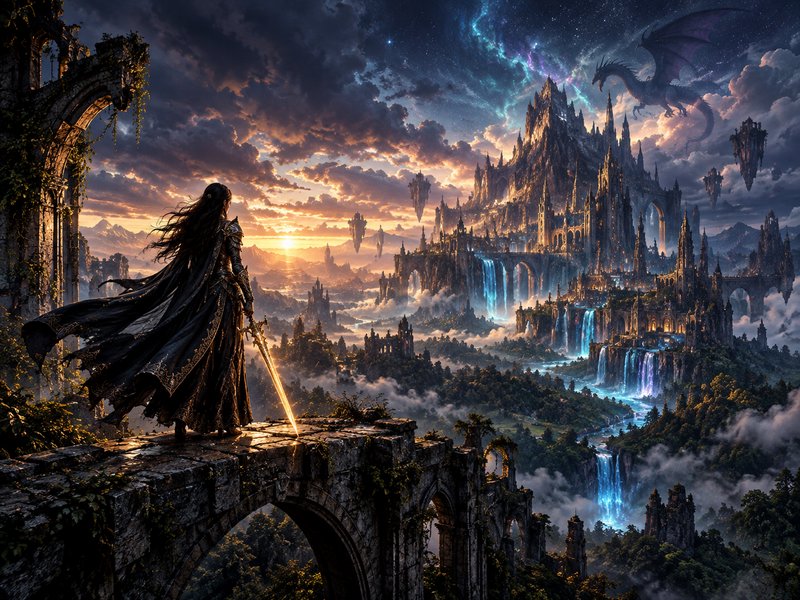 Armored fantasy warrior with glowing sword stands on ancient ruins, overlooking a magical spired ...