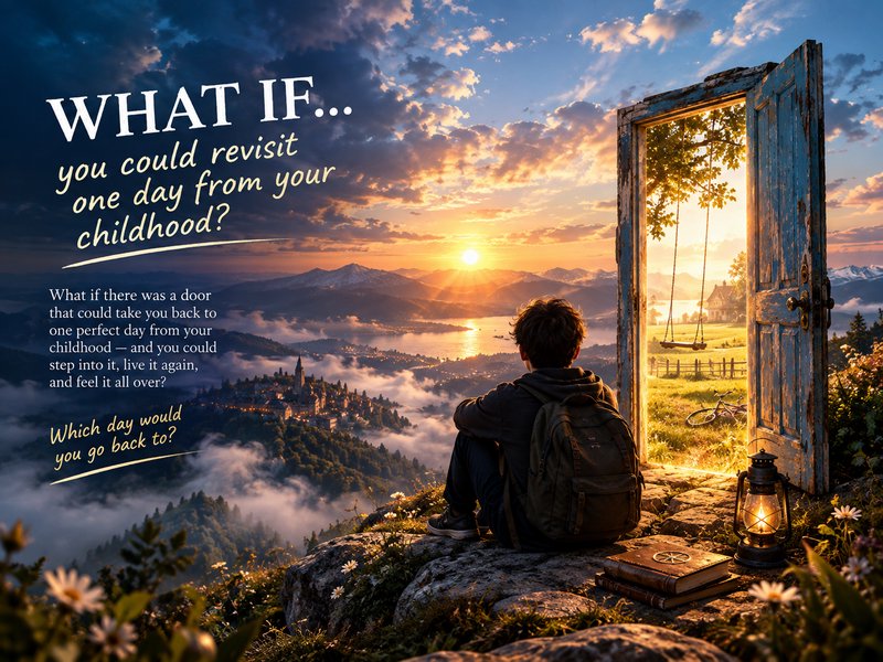 Backpacked hiker sits on a cliff at golden sunset beside an open door to a childhood landscape, w...