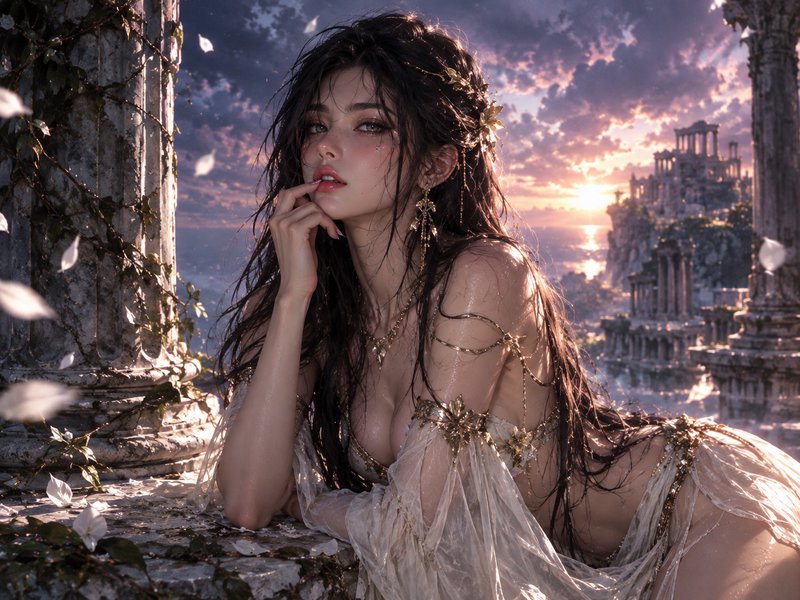 Ethereal fantasy goddess in a gilded sheer gown rests on ancient marble ruins at golden sunset, w...