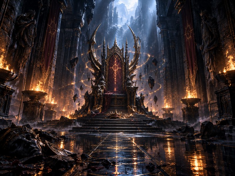 Ornate gilded dark fantasy throne sits in a grand gothic throne room lined with flaming braziers ...