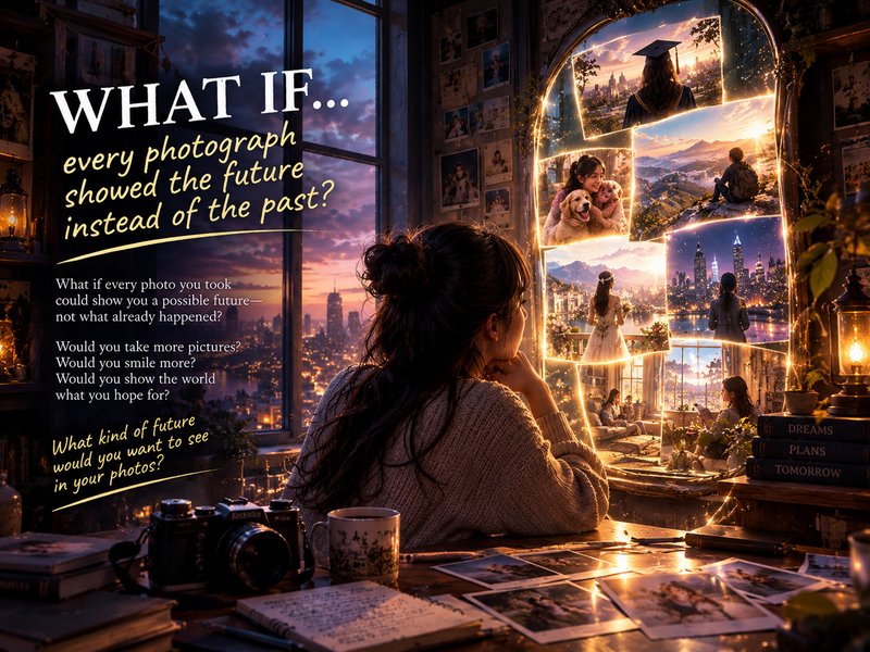 Woman sits at cozy dusk desk gazing at a glowing enchanted mirror showing future life moments, pa...