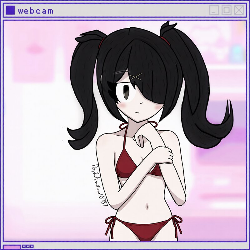 Retro webcam interface frame displaying a shy anime girl with black pigtails wearing a red string...