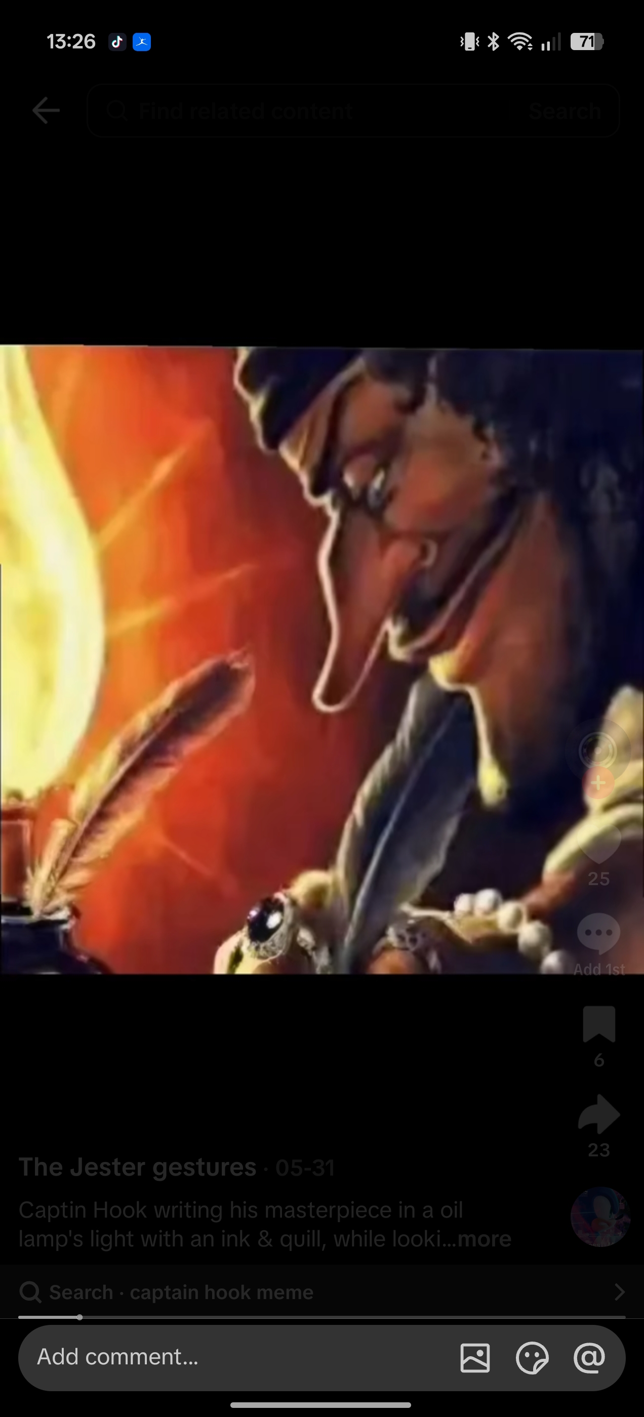 Painterly illustration of Captain Hook writing with a feather quill, lit by a glowing warm oil lamp against an orange back...