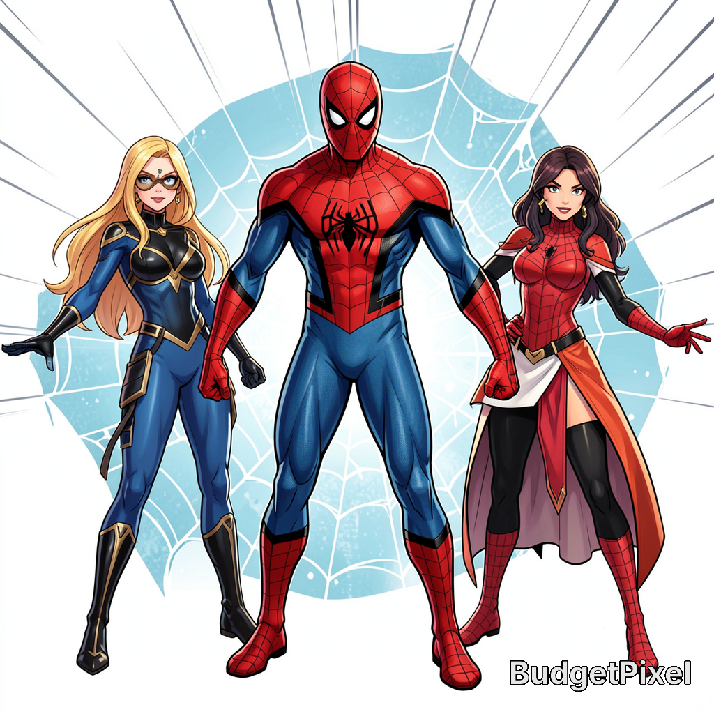 Anime-style superhero team with Spider-Man at center, flanked by two female heroes against a stylized spider web background