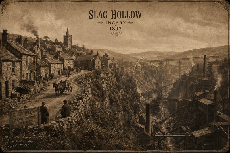 Sepia vintage illustration of 1893 Slag Hollow, a cliffside Victorian mining town overlooking an ...