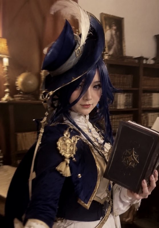 Cosplayer portraying Genshin Impact's Clorinde holds an ornate book in a warm vintage wood-panele...