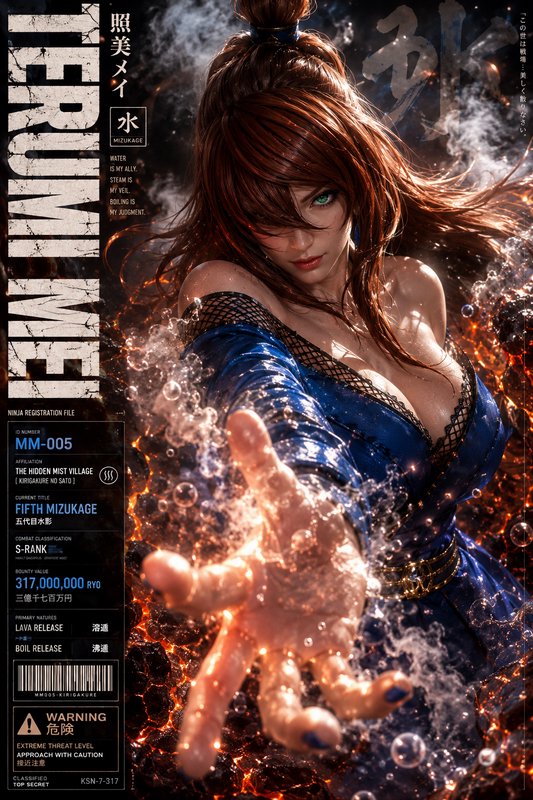 Realistic cinematic fan art of Naruto's Fifth Mizukage Terumi Mei, reaching forward with water ju...