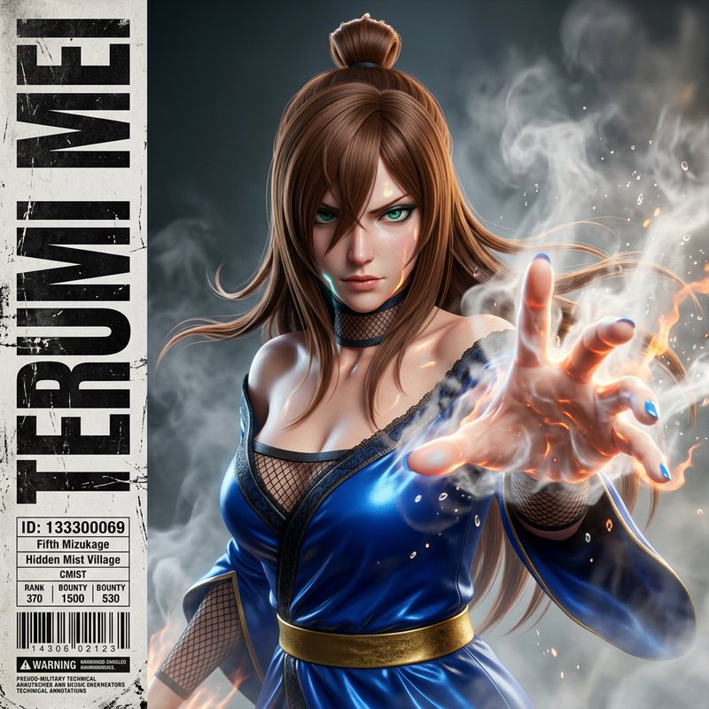 Hyper-realistic fan art of Mei Terumi, Fifth Mizukage, extending elemental magic hand on a Naruto...