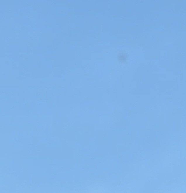 Clear cloudless pale light blue daytime sky, with a single faint blurry dark spot in the upper ri...