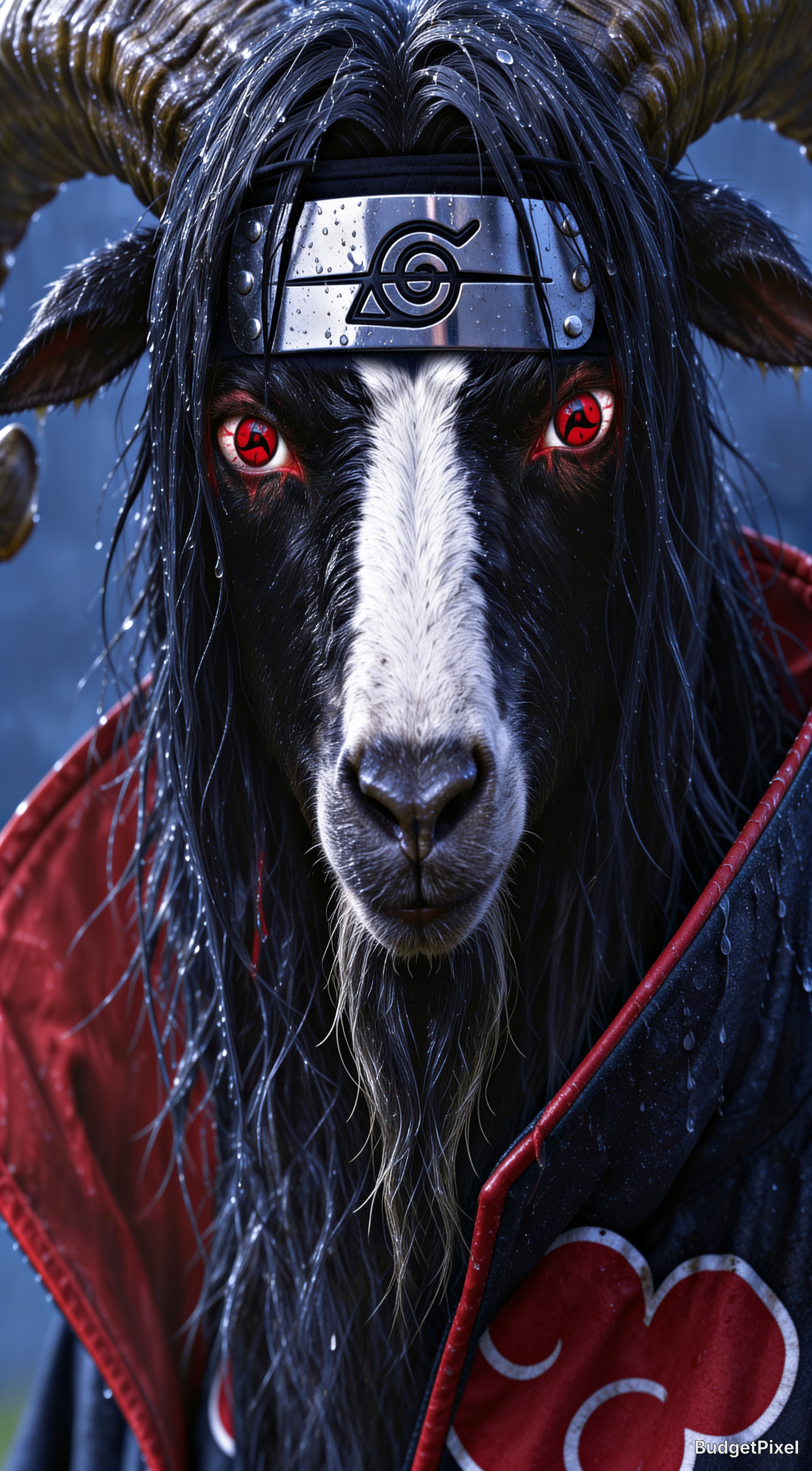 Close-up of anthropomorphic goat cosplaying as Itachi Uchiha, with Sharingan eyes, rogue ninja headband, and Akatsuki cloak.