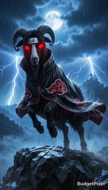 Anthropomorphic goat in Akatsuki cloak with glowing red Sharingan eyes standing on a cliff in a s...