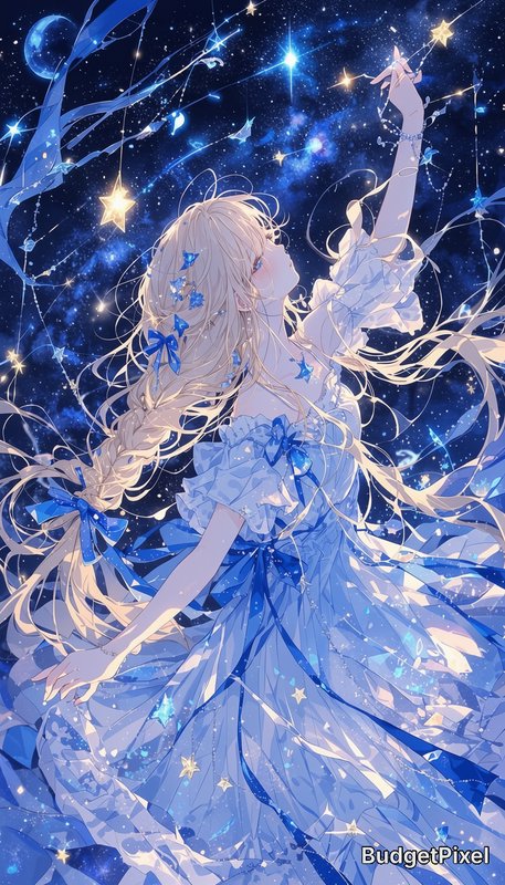 Ethereal blonde anime girl in a blue gown reaches upward for glowing stars against a starry cosmi...