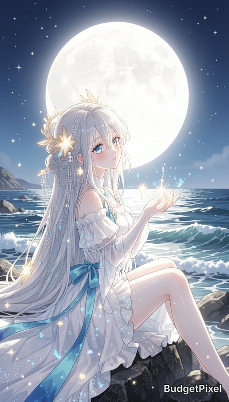 Ethereal anime fantasy girl with silver hair sits on seaside rocks, holding glowing stardust bene...