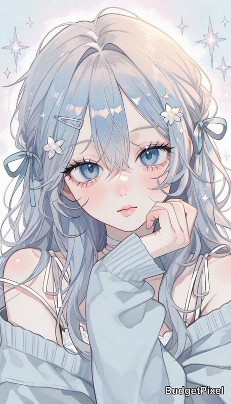 Soft pastel anime girl portrait with pale blue hair, big bright blue eyes, flower and ribbon hair...