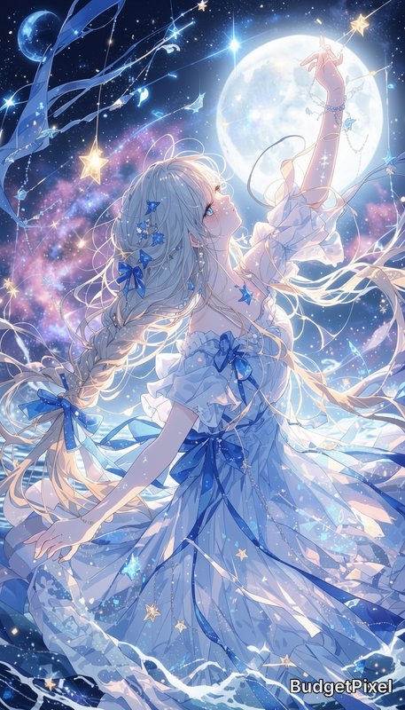 Ethereal anime girl reaching for glowing stars beneath a full moon above a shimmering starlit ocean