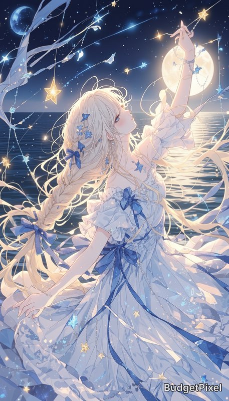 Ethereal blonde anime girl in a blue-accented white gown reaches for glowing stars above a moonli...