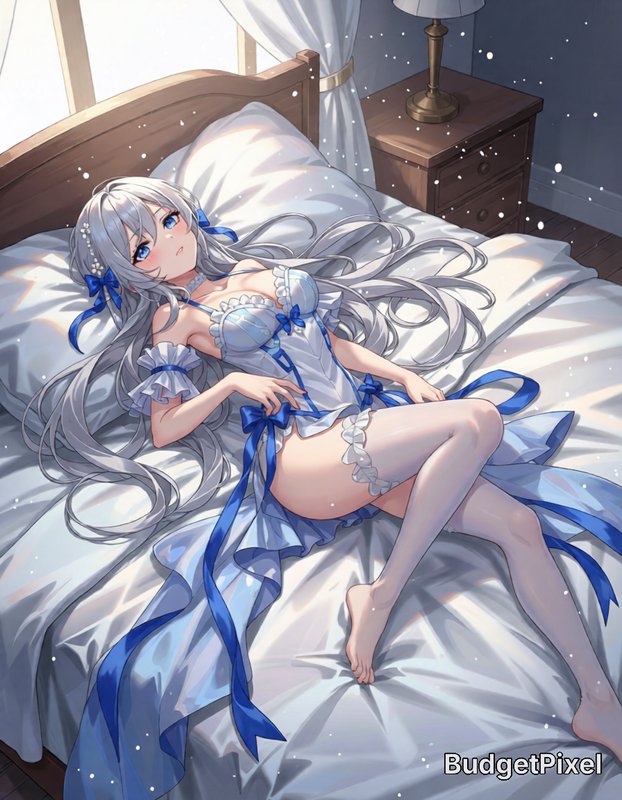 Anime silver-haired girl with blue ribbon accents reclining on a sunlit bed, dreamy fantasy digit...