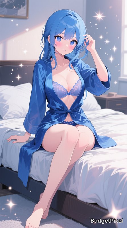 Blushing blue-haired anime girl in a silky blue robe sits on a sunlit bed, surrounded by soft mag...