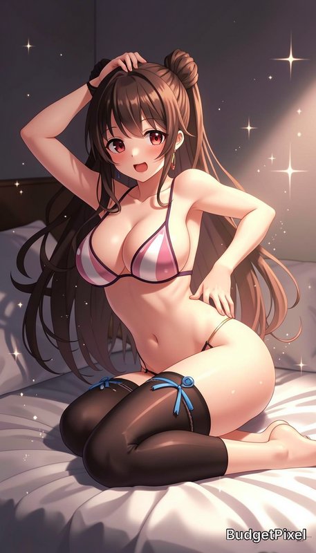Anime girl with long brown hair, red eyes, and pink striped bikini kneels on a bed in soft sparkl...