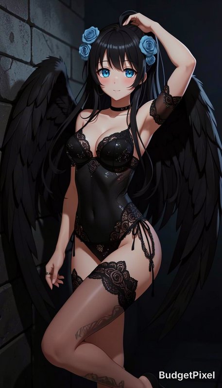 Anime fallen angel girl with large black wings, blue rose hair accessories, and black lace linger...