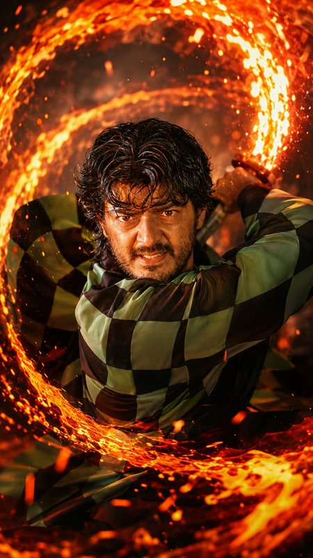Intense Tanjiro Kamado Demon Slayer cosplayer holds a flaming sword, surrounded by swirling fiery...
